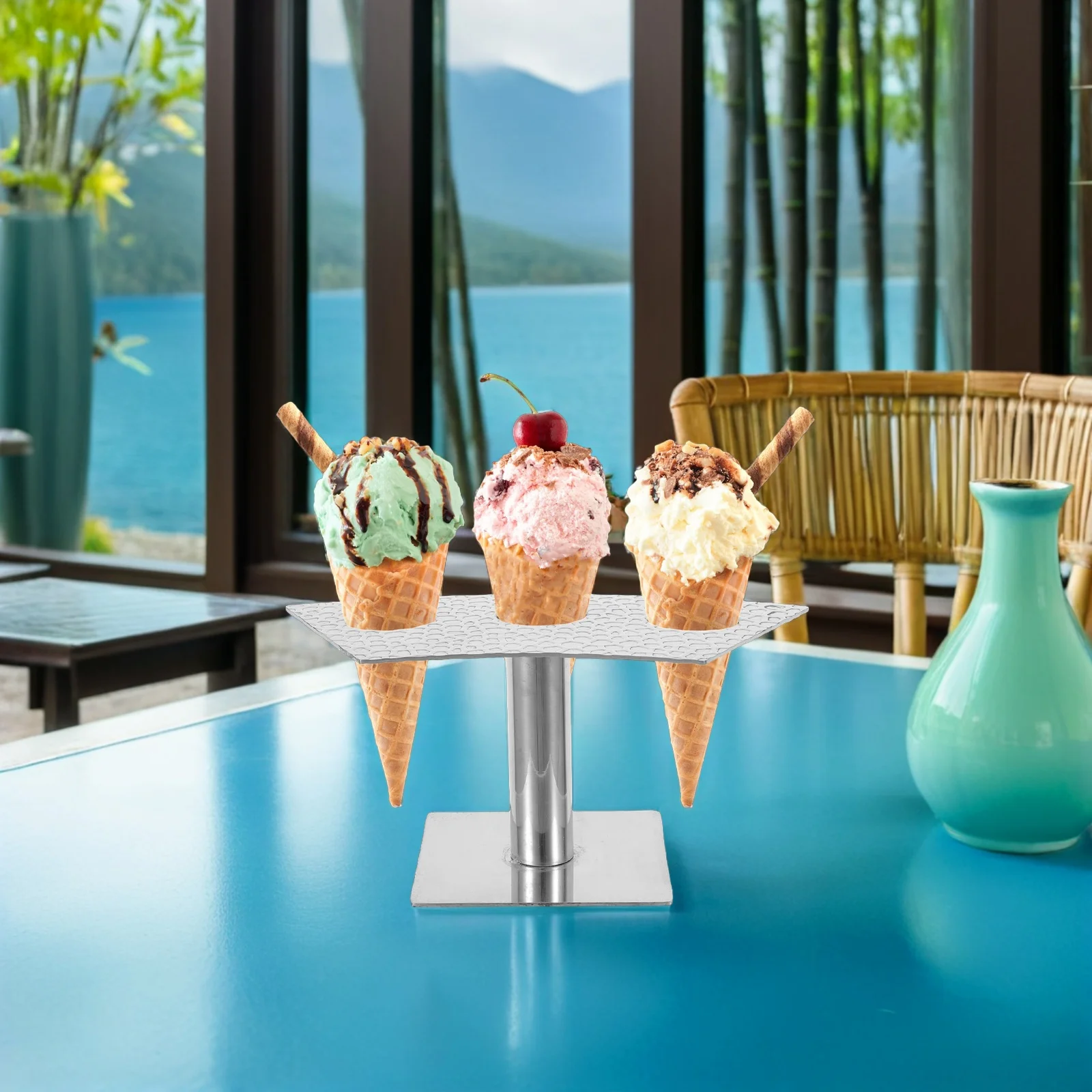 

Japanese Style Stainless Steel Sushi Hand Roll Stand Three Holes Ice Cream Cone Holder Display Rack for Waffle Charcuterie Sugar