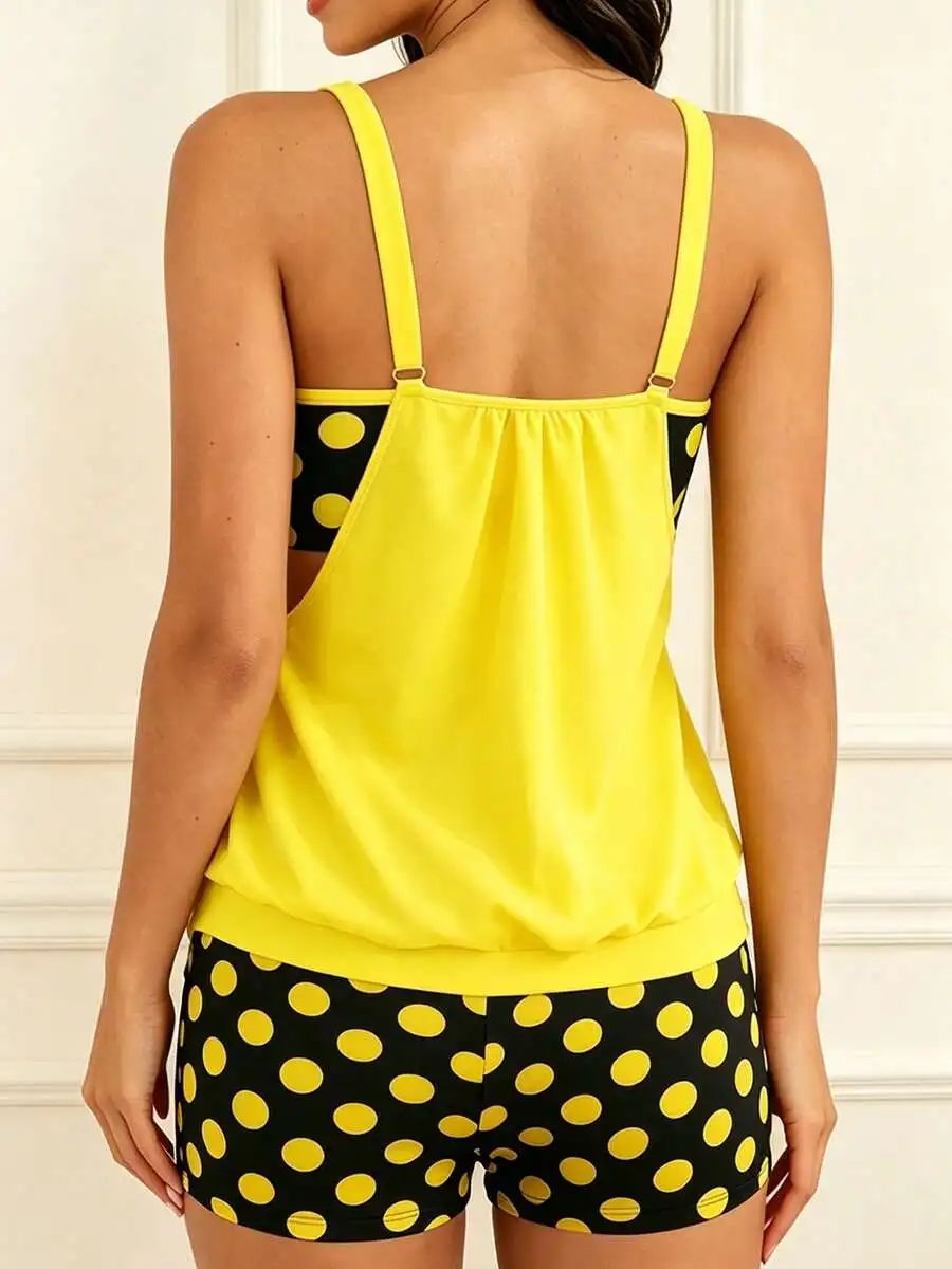

Womens Polka Dot Tank Top And Boyshorts Set Scoop Neck High Stretch Beach Swimwear