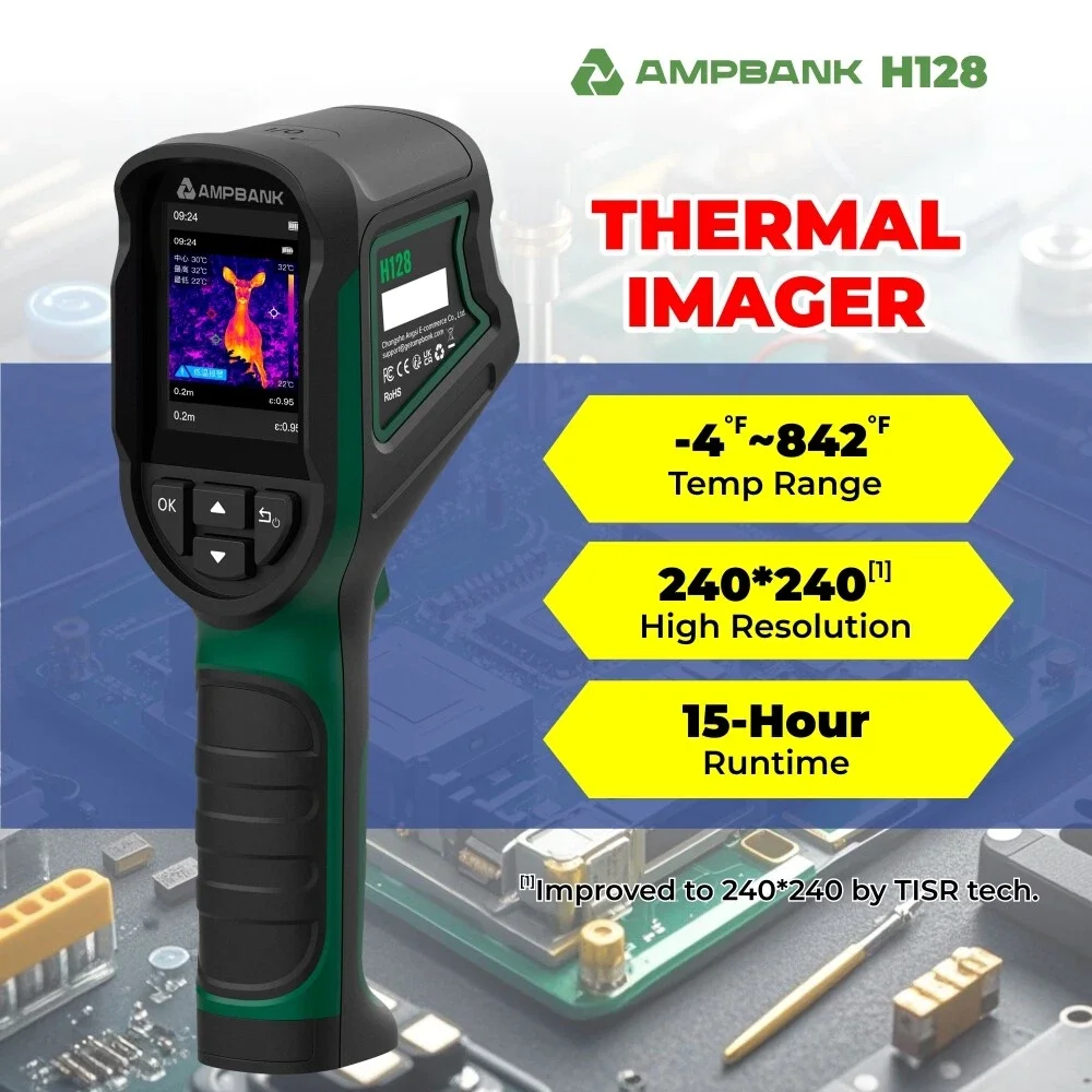 AMPBANK H128 Thermal Imaging Camera Handheld Thermal Camera 240 X 240 TISR Resolution 25 Hz Infrared IP54 Waterproof -4~842℉ Temp Range for Electrical Test HVAC Repair