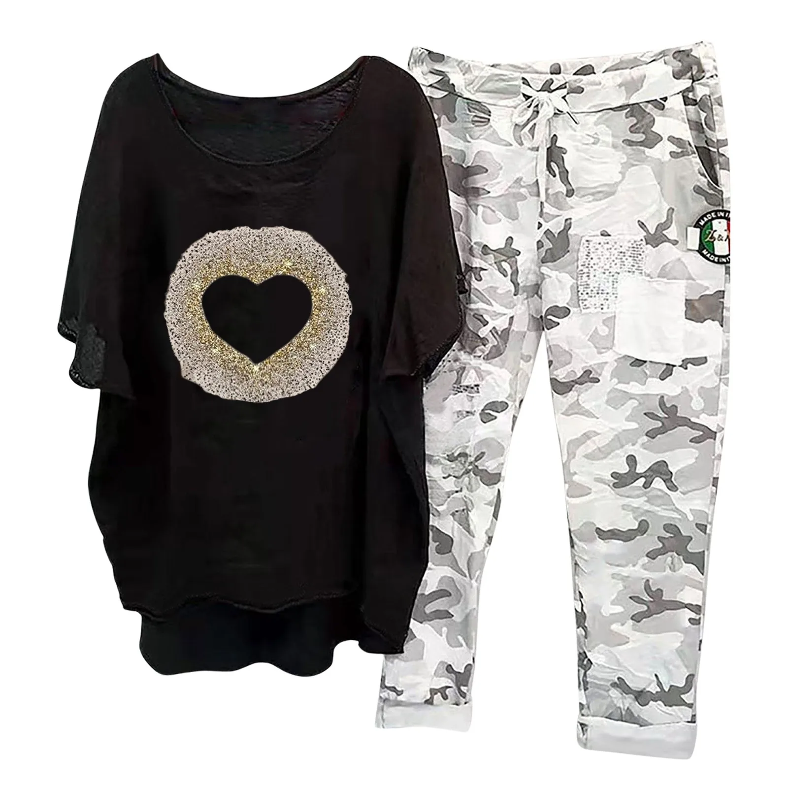Trendy Women T-shirt Pants Set Half Sleeves Two Piece Suit Women Summer Outfit Plus Size Elastic Waist Sports Outfit Pants Suit