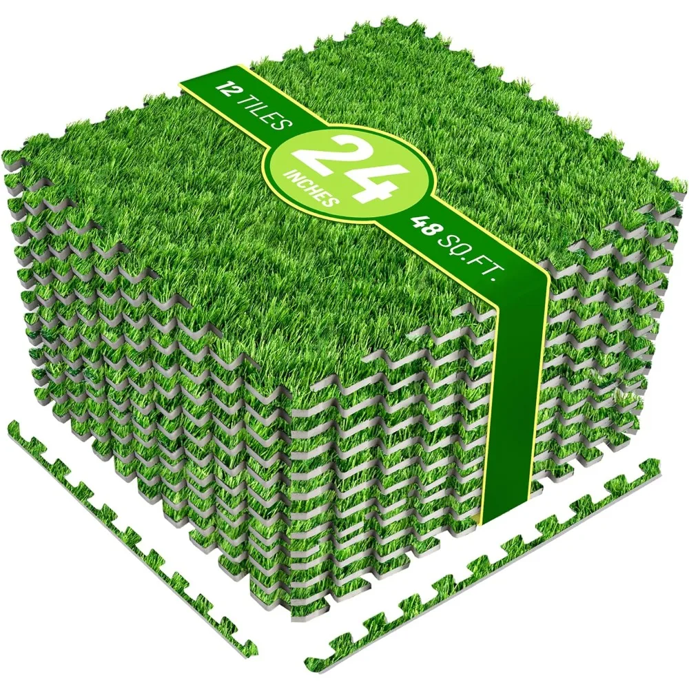 

Grass Foam Floor Tiles - 12 Interlocking Mats of 24"X24” Total of 48 Sq Ft for Kids Outdoor Toys, Playroom, Deck, Patio