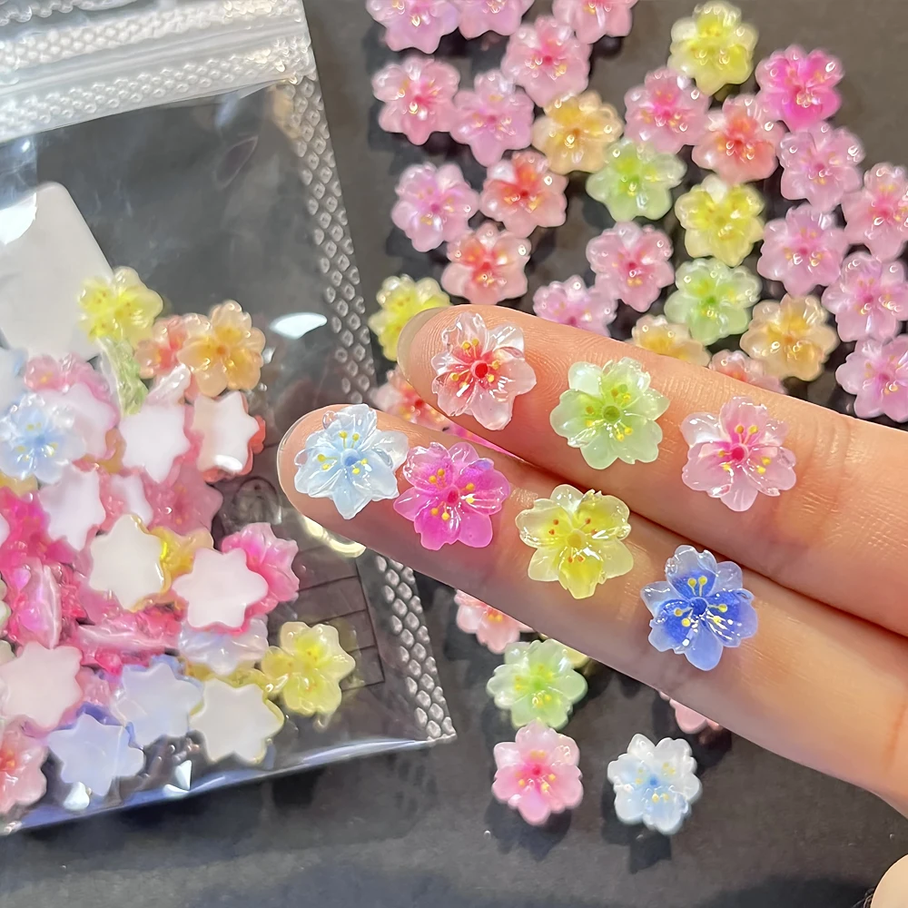 50 stks Gekleurde Perzik Bloesem Nagels Charms Art Decoraties 3D Dopamine Leuke Ijs Sakura Nail Charms Gradiënt Bloem Nagel Onderdelen