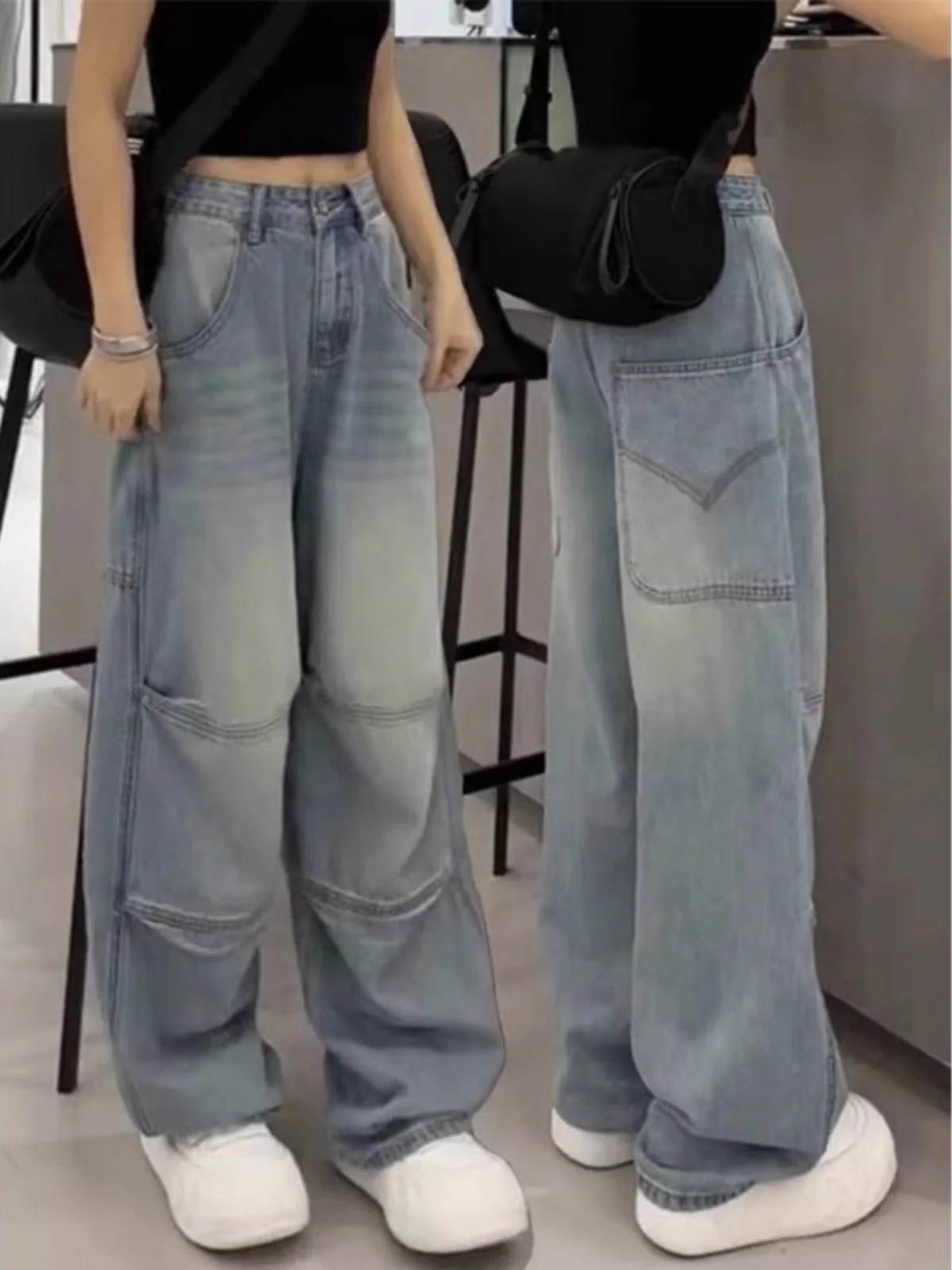 Cintura alta perna larga jeans feminino solto ajuste americano sle retro azul jeans outono novo plus size emagrecimento calças de corte reto
