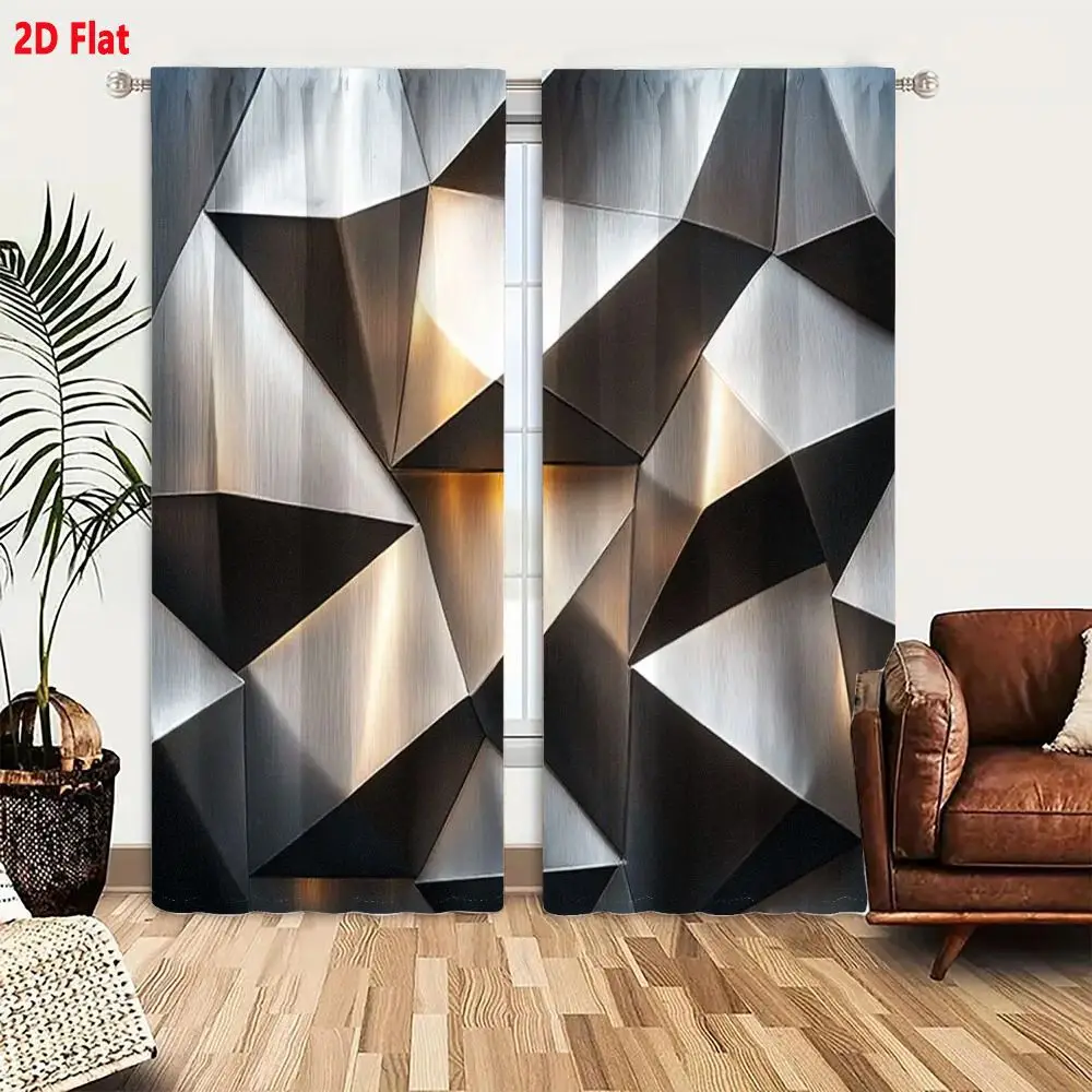 2Pcs Curtains 2D Flat Brushed Metal Geometric Wall Panel With Angular Polygons Triangles Quadrilaterals Indented Raised Surfaces