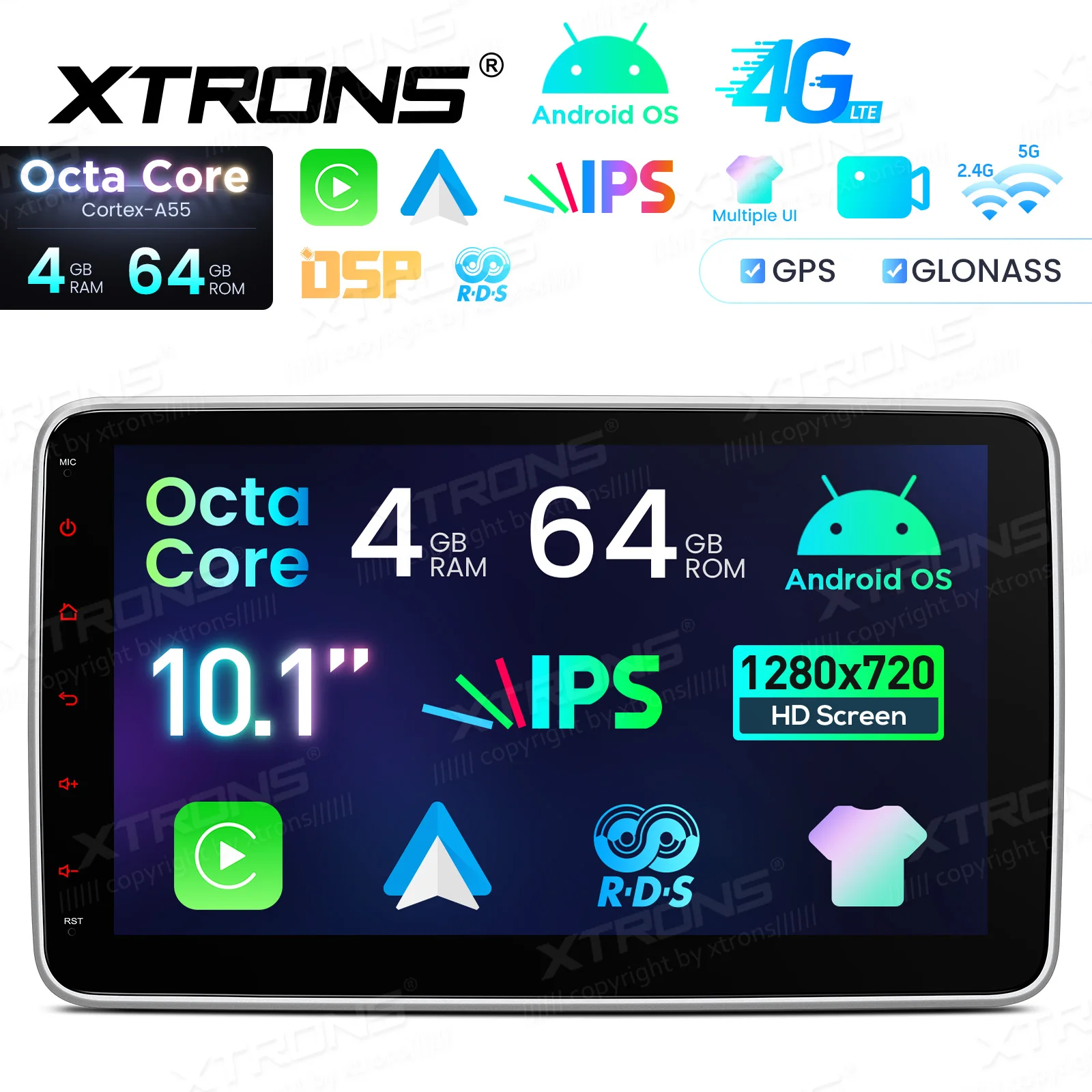 XTRONS 10.1 بوصة أندرويد 14 ثماني النواة راديو سيارة عالمي مزدوج الدين 4 + 64 جيجابايت HD IPS شاشة تعمل باللمس ستيريو سيارة مع CarPlay AA 4G LTE