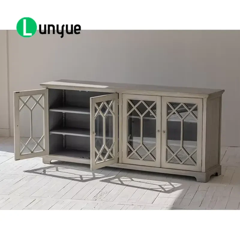 Mid Century Country Luxury Solid Wood Recycled Pine Antique Design Sideboard with Glass for Living Room Furniture Storage