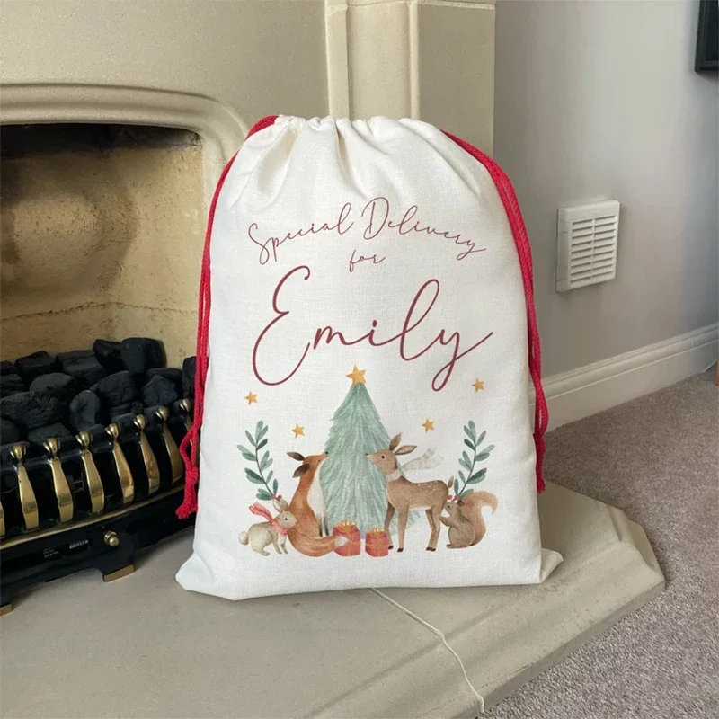 personalised Forest Woodland Animal Santa Claus sack Christmas stocking Merry Xmas eve Holiday family kid boy girl gift Toy Bag