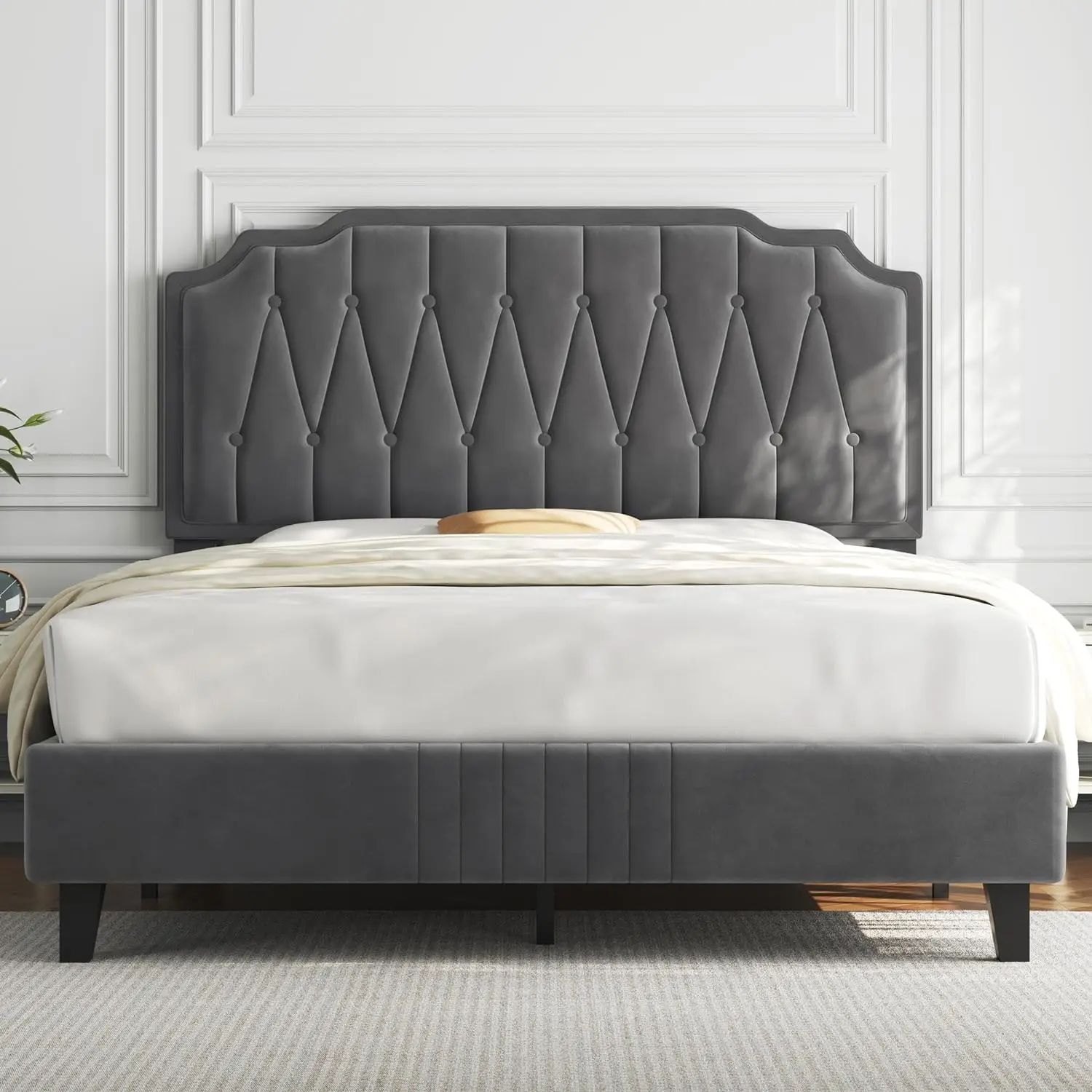 Bed Frame Velvet Upholstered Platform Bed, Height-Adjustable Headboard/Noise-Free/Wooden Slats Support/No Box Spring