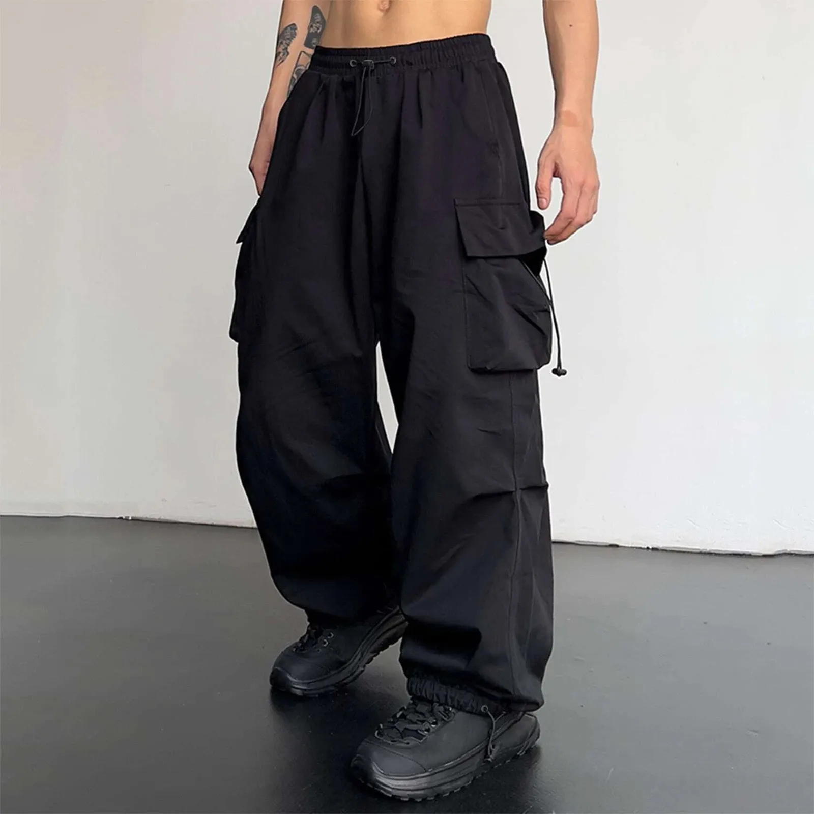 Men's Multi-Pockets Cargo Long Pants Solid Color High Waist Baggy Wide Leg Trousers Outdoor Fitness Jogger Casual Workwear Pants