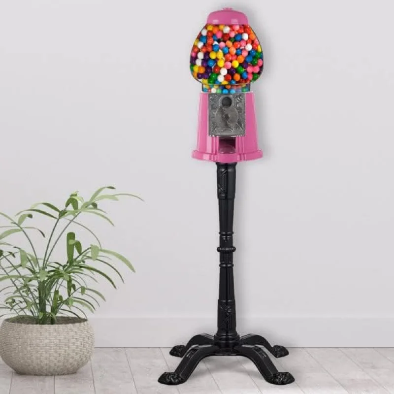 Gumball Machine with Stand - 1920s-Style Nostalgic Decor Candy Dispenser - Coin-Operated Candy Vending Machine (Pink)