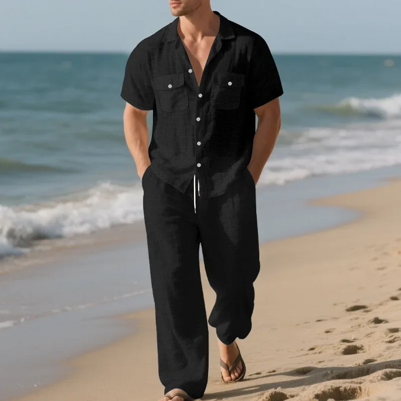 

Imitation Linen Bamboo Knot New Summer Men's Casual Suit Turn-Down Collar Shirt Short SleeveT Shirt & Long Pants Set