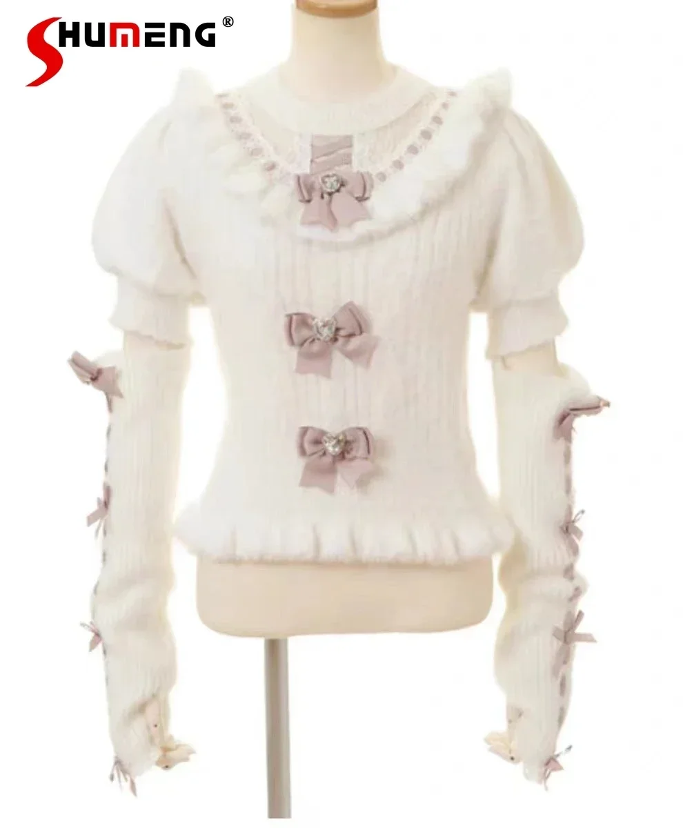 Japanese Liz Sweet Detachable Bowknot Furry Oversleeve Slim Sweater Autumn and Winter Lolita Girl Women's Knit Sweater Top