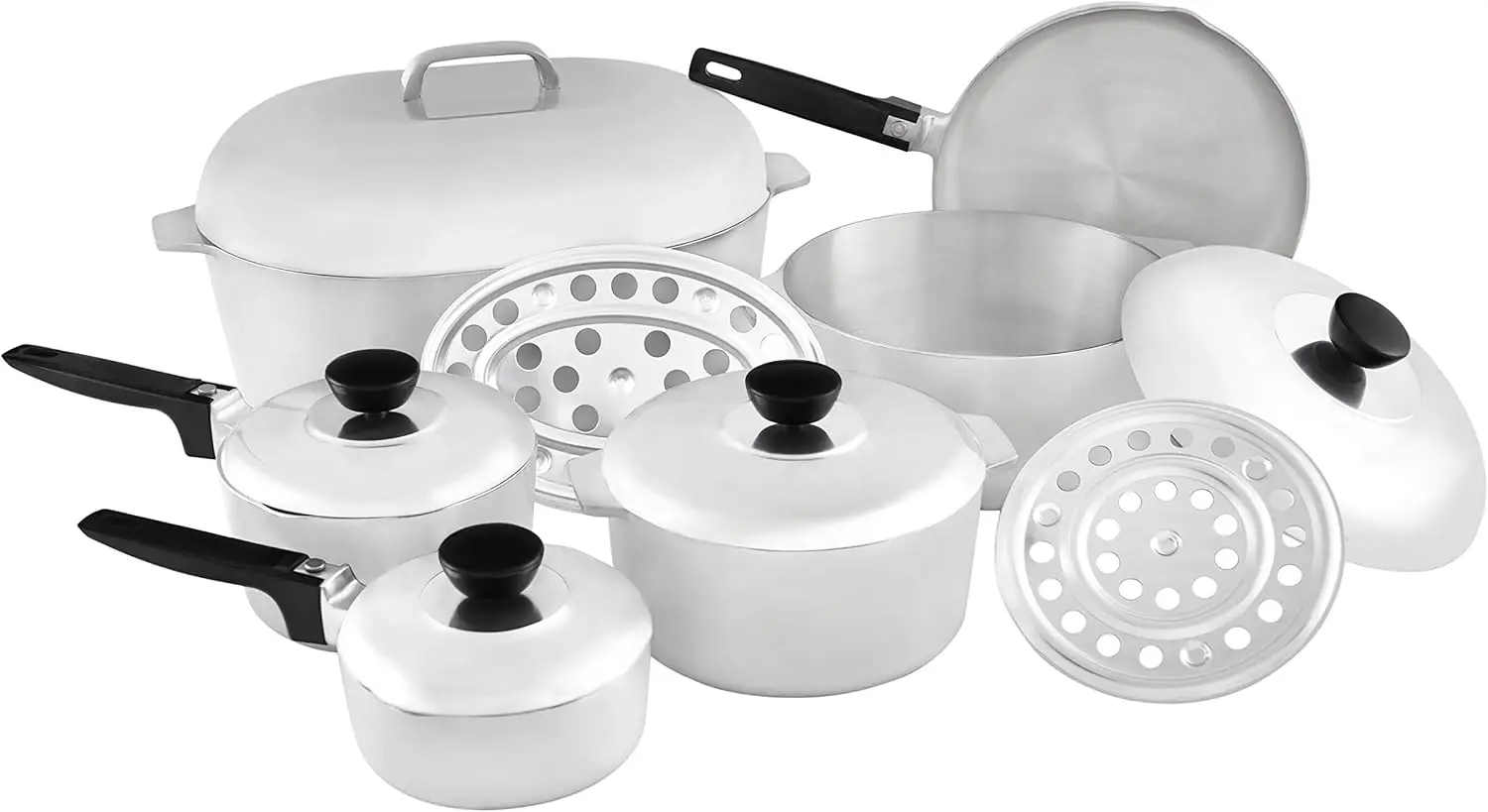 

Heavy Duty 13-Piece Cast Aluminum Cookware Set, Silver,Heats quickly and evenly ,Bakelite handle and knob