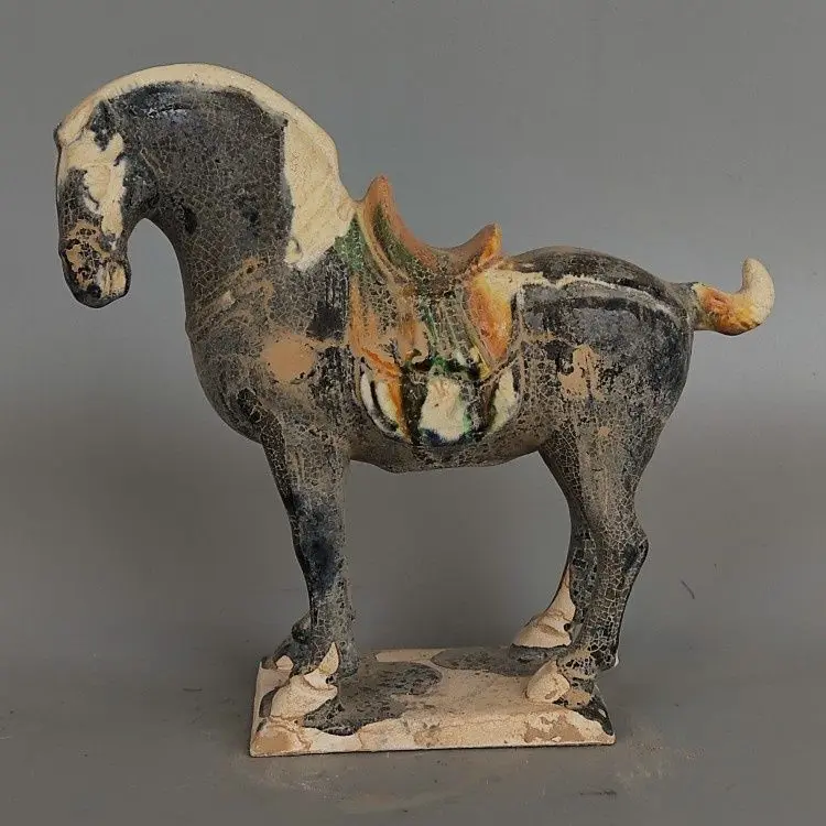 

Tang Sancai Black Glaze Saddled Horse Pottery Statue Chinese Antique Tri-Color Ceramic Collectible Decor