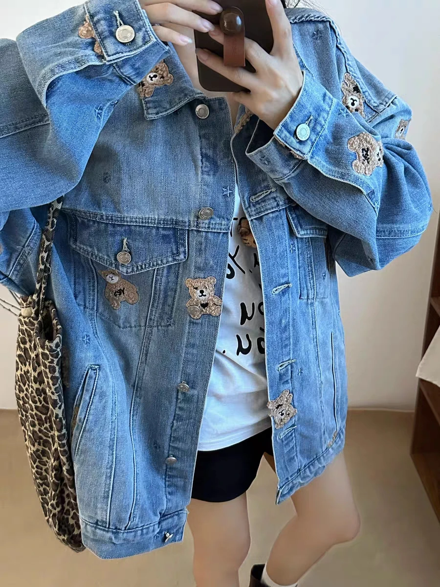 Spring Vintage Bear Embroidery Denim Jacket For Women New Style Loose Casual Clothing
