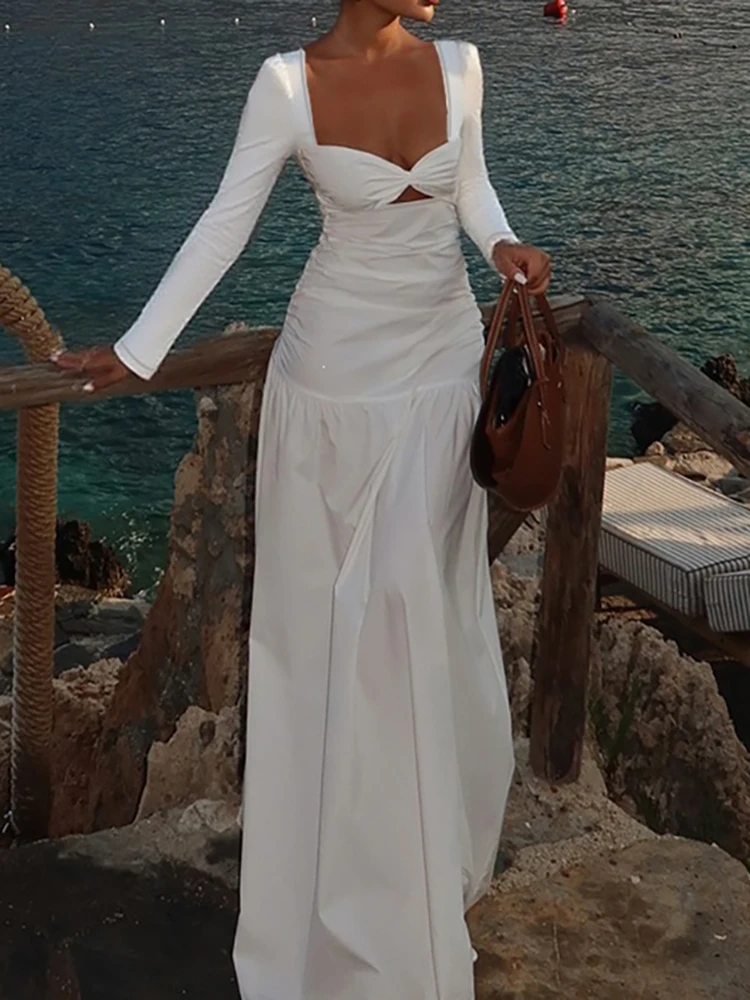 Fashion Hollow Out Slim Hug Hip Dress Elegant Solid Long Sleeved Splicing Evening Dress Sexy Square Neck High Waist A-Line Dress