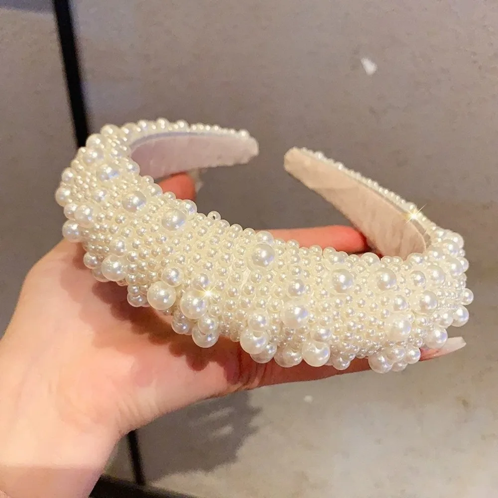 Elegant Pearl Pearl Hair Hoop Round Pearl Decor Hand Strung Beads Headband Retro Style Beaded Hair Band Women