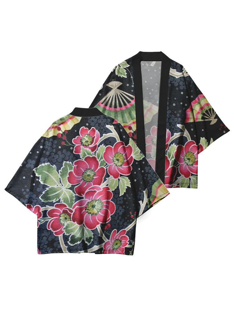 Women's Vintage Japanese Kimono Jacket Flower Folding Fan Print Pattern Japanese Cardigan Neutral Yukata Traditional Kimono