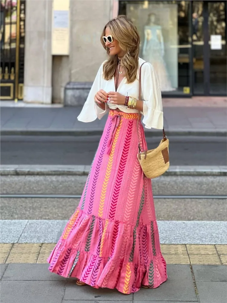 Bohemian Style Printed A-line Skirt Women Fashion Beach Vacation Loose Drawstring Ruffles Skirts Female  Summer New Streetwear