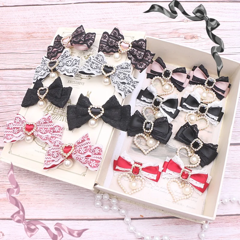 Kawaii Lolita Barrettes Jirai Ke Headdress Two Pieces Sweet Cute Japanese Lace Bow Hairpin Side Clip Akcesoria do włosów dla kobiet — zdjęcie 6