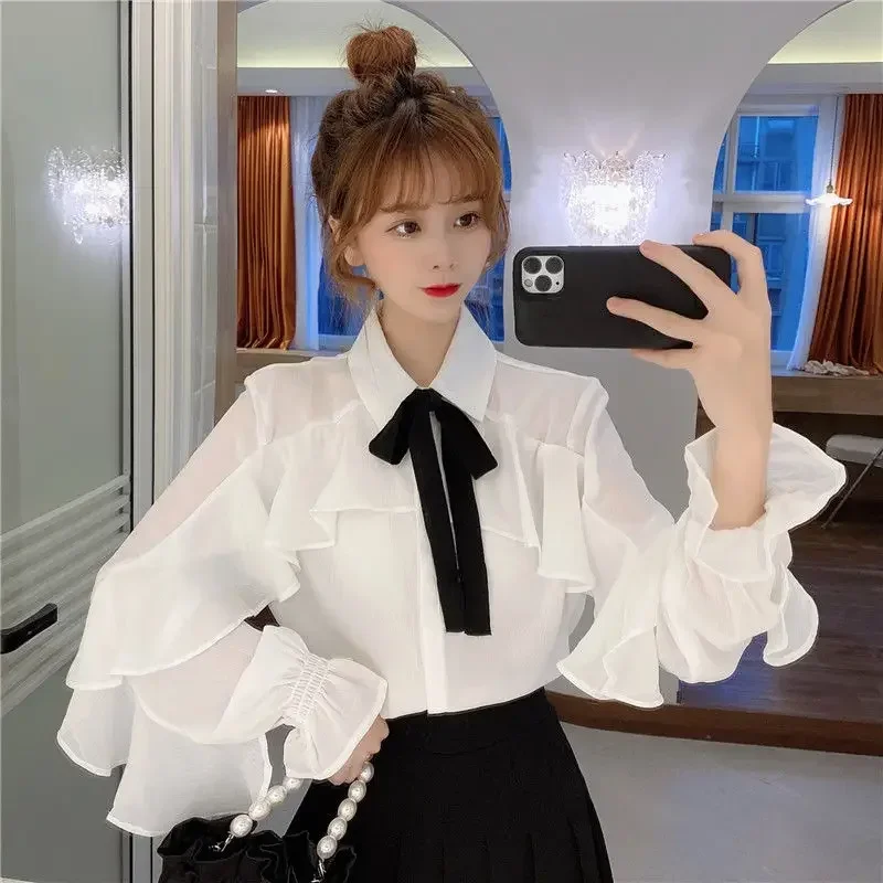 Autumn Bow White Ruffled Chiffon Long Sleeve Shirt Top Women's Clothing Blouse Women Blusas Ropa De Mujer