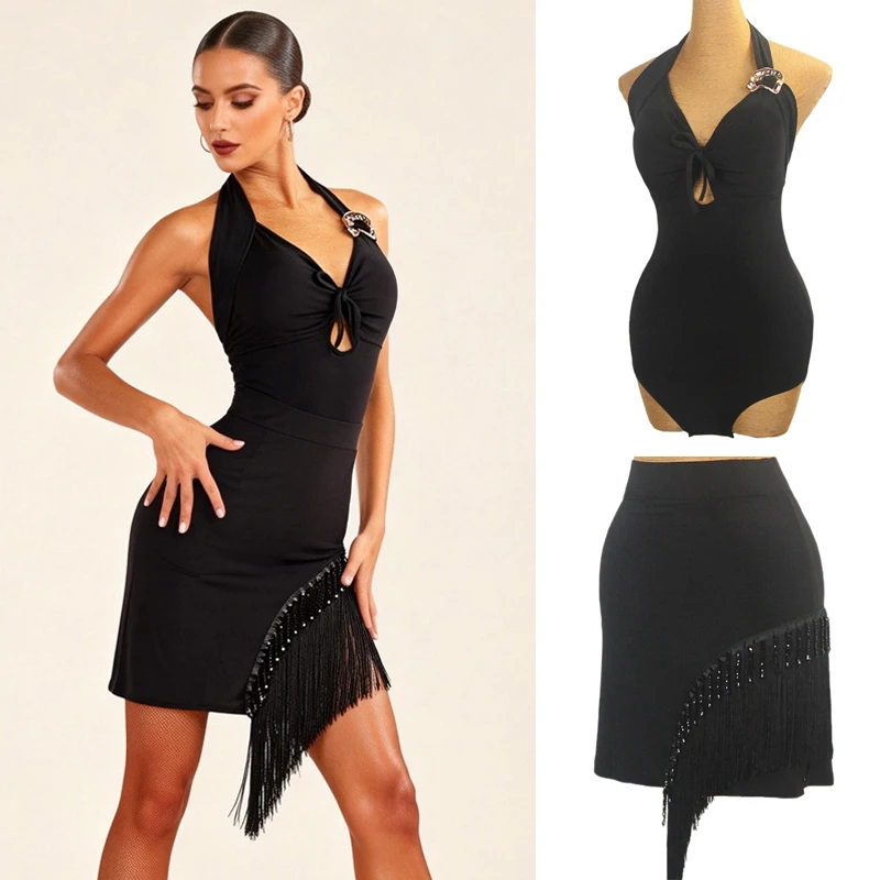 

Женская одежда для латиноамериканских танцев: сексуальный топ-халтер, юбка с бахромой, костюмы для латиноамериканских танцев чача для взрослых, сценические танцевальные костюмы SL14955