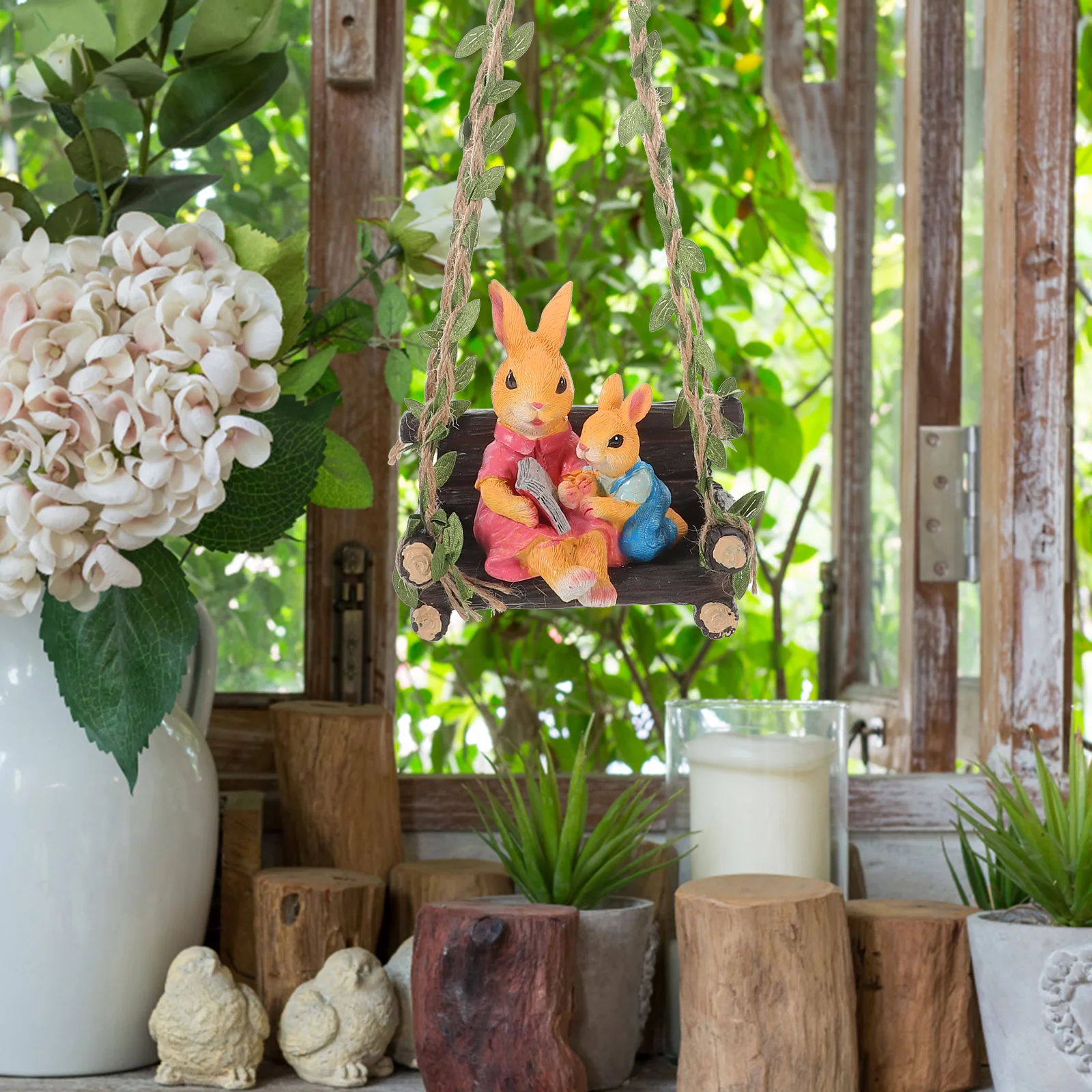 

Simulation Rabbit Statue Resin Garden Decor Lovely Expression Vivid Tree Pendant Resin Statue for Garden Rabbit Swing Figurine
