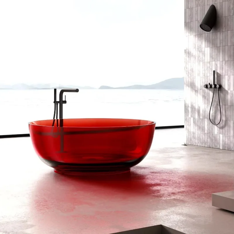 Eco-Friendly Clear Resin Freestanding Bathtub Round Solid Surface Multi Color Resin Soaking Bath Tub For Luxury Villa Bathrooms