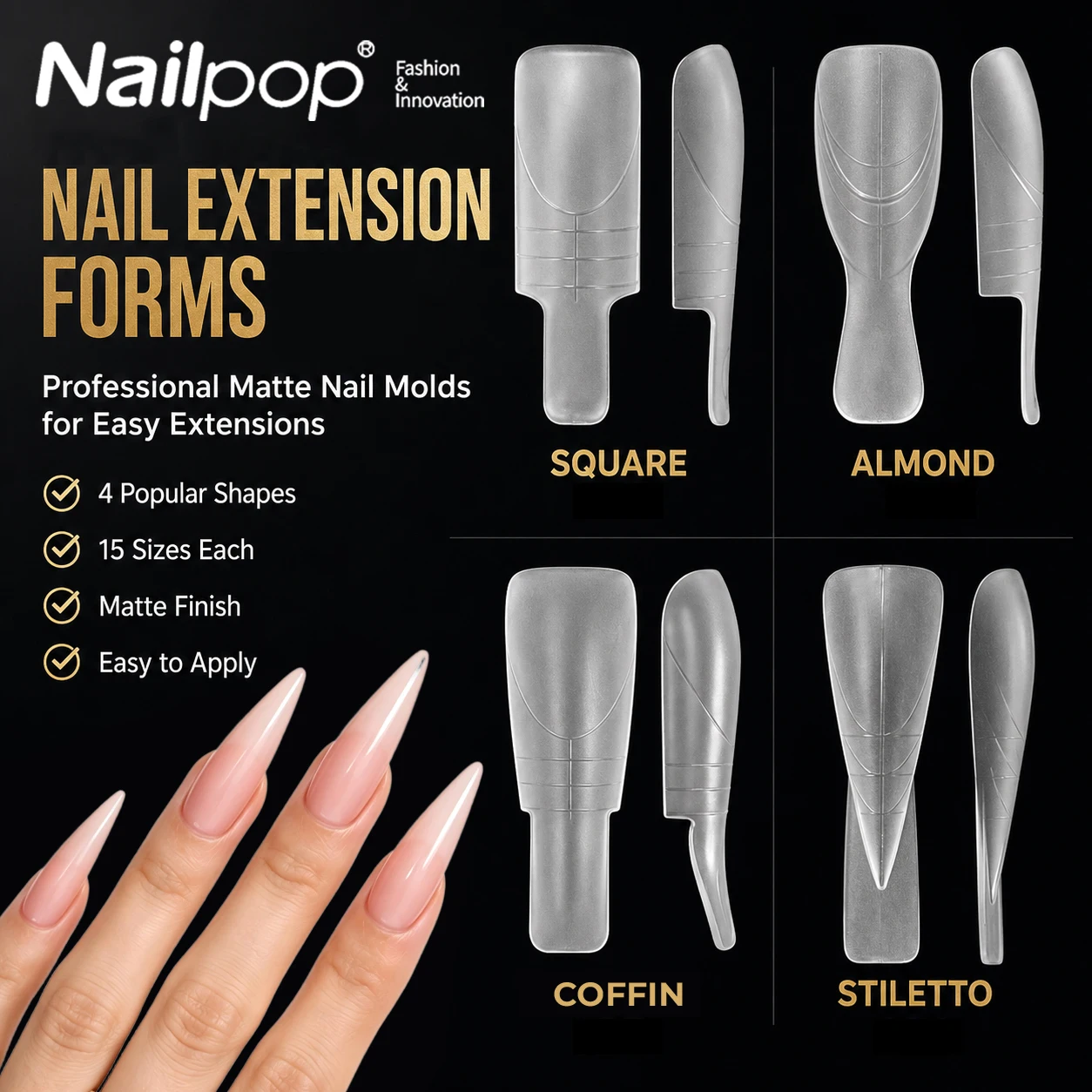 Nailpop Matte Verlängerungs-Dual-Forms mit Griff, 15 Größen für Poly-Gel-Nagelformen, für 4 Stile, Salon-Kunst, DIY-Maniküre, 150 Stück – Detail 1