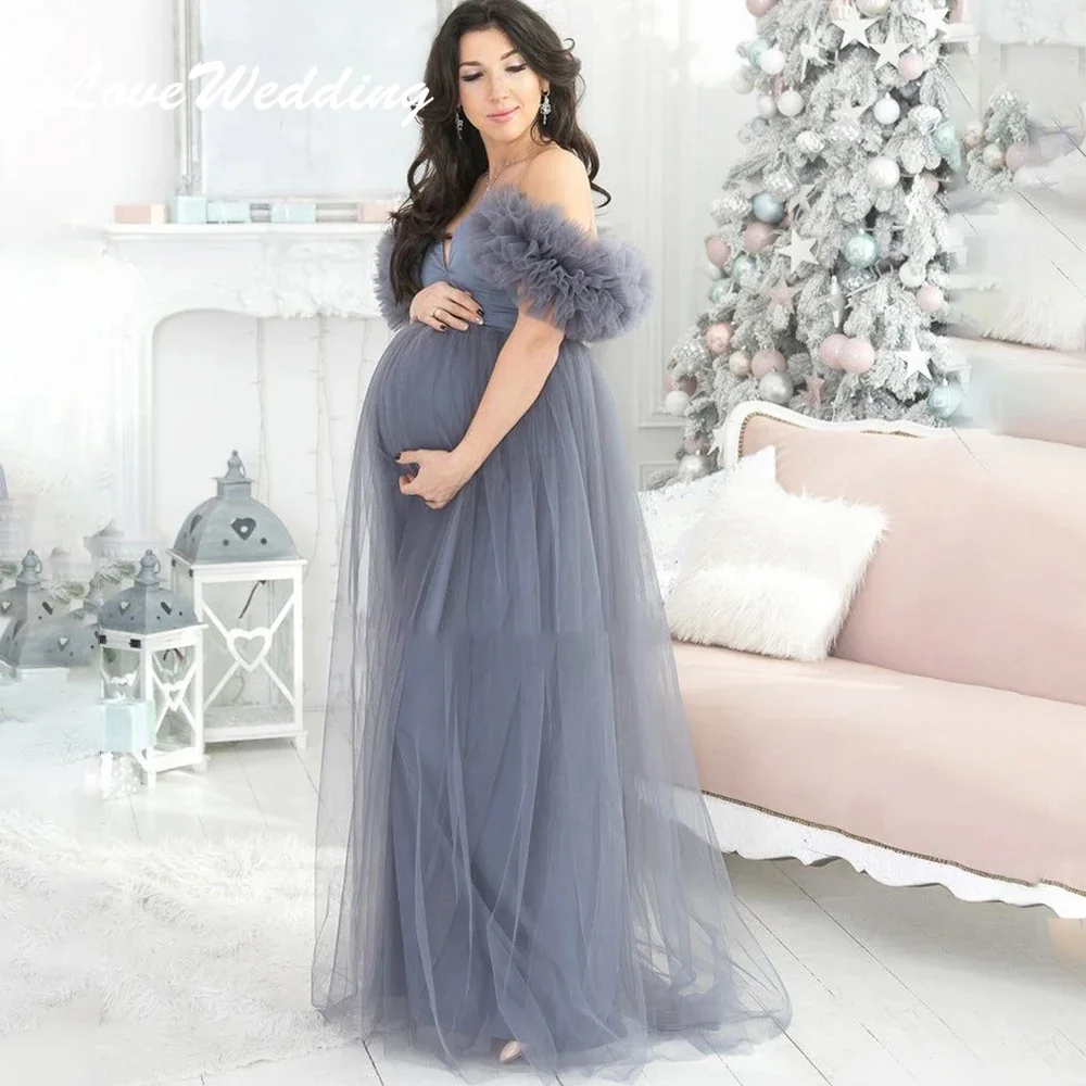 

ILoveWedding Elegant Maternity Dresses for Photography Night Robe Ruffles Photographic Gowns Off Shoulder Tulle Sleepwear Robes