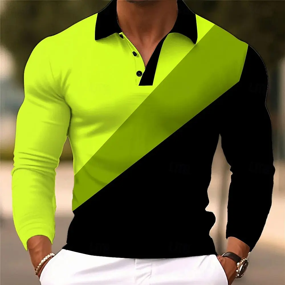 

Men's Fashion Color Block Polo Shirts Autumn Long Sleeve Lapel Button Clothes 3D Print Simple Comfortable Daily Casual Male Tops