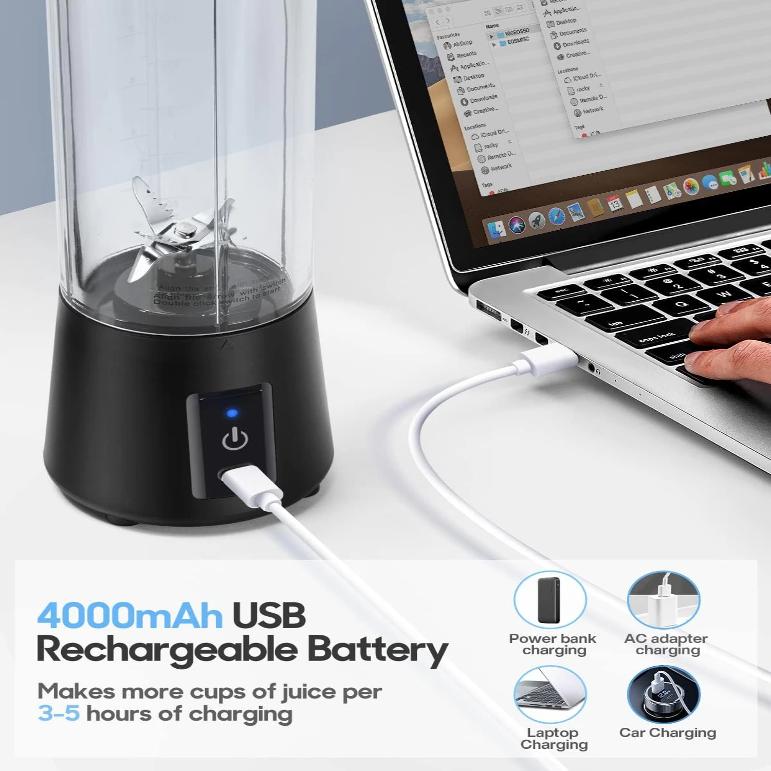 Compact Portable 4000mAh Personal Blender for Shakes and Smoothies - USB Rechargeable Mini with 6 Blades Bot