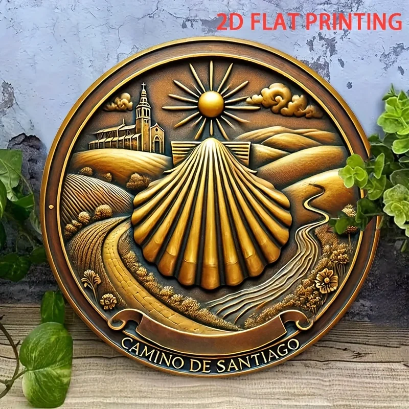 مسطح 2D، 2D مسطح 1 قطعة 20.32x20.32 سم لافتة قصدير مستديرة - مسار إسكندنافي بسيط إلى تصميم الحاج سانتياغو دي كومبسلاي -