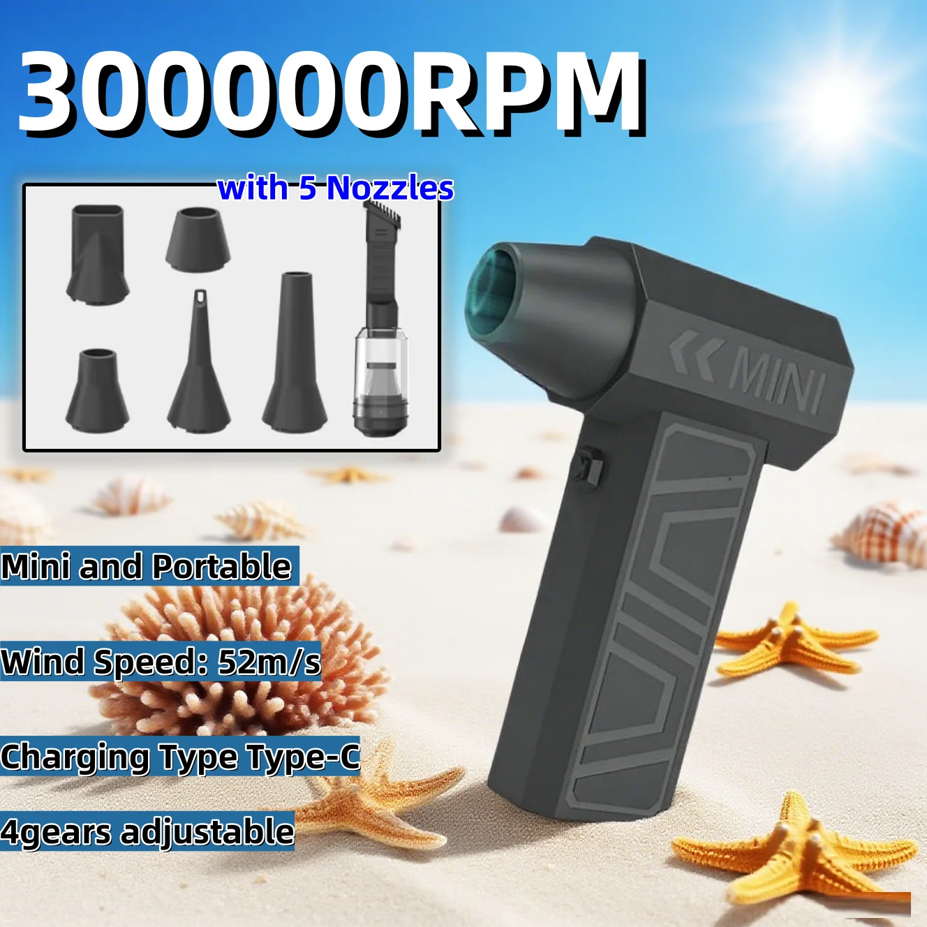 

Car Violent Fan 300000RPM Type-C Charging Cleaning Blower Tool 4 Gears High Speed Brushless Turbo Jet Blower Turbo Jet Fan