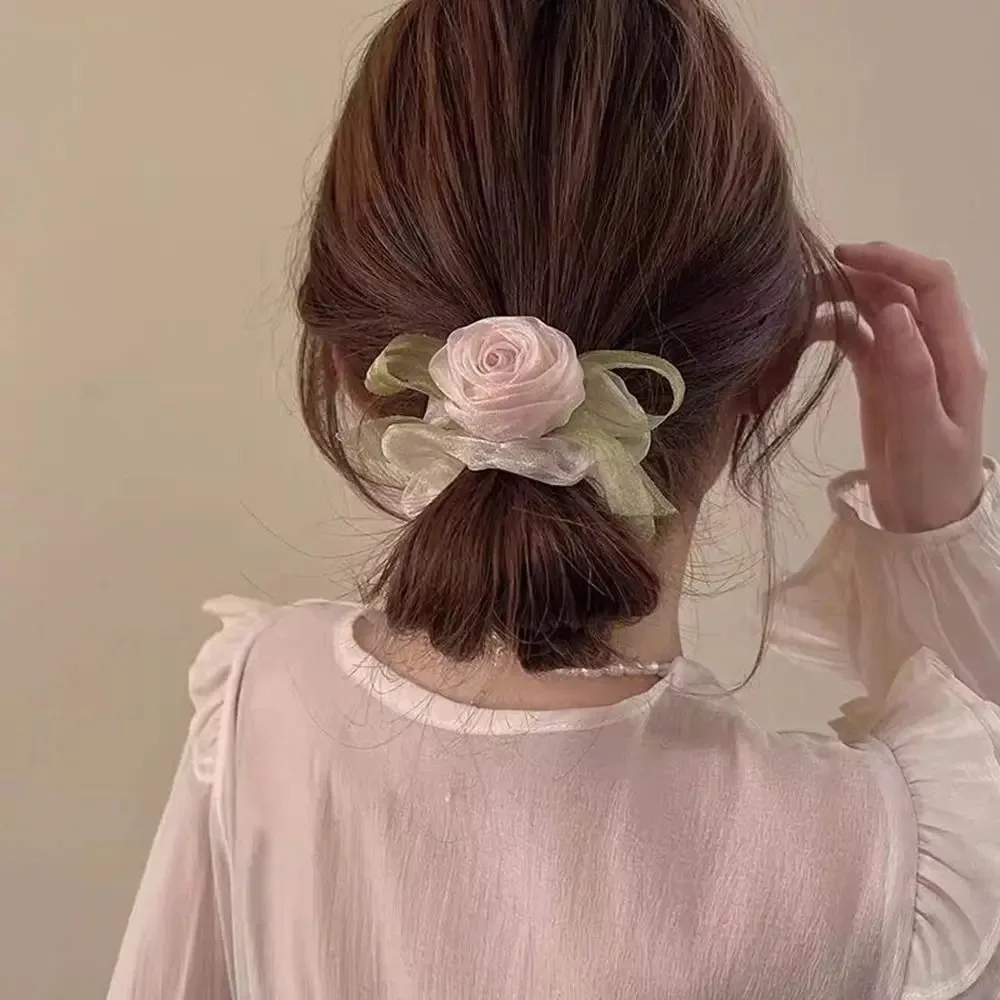 Sweet Rose Flower Hair Scrunchies Women Mesh Large Hair Rope Girl Hair Tie Simple Ins Headdress Female Ponytail Holder