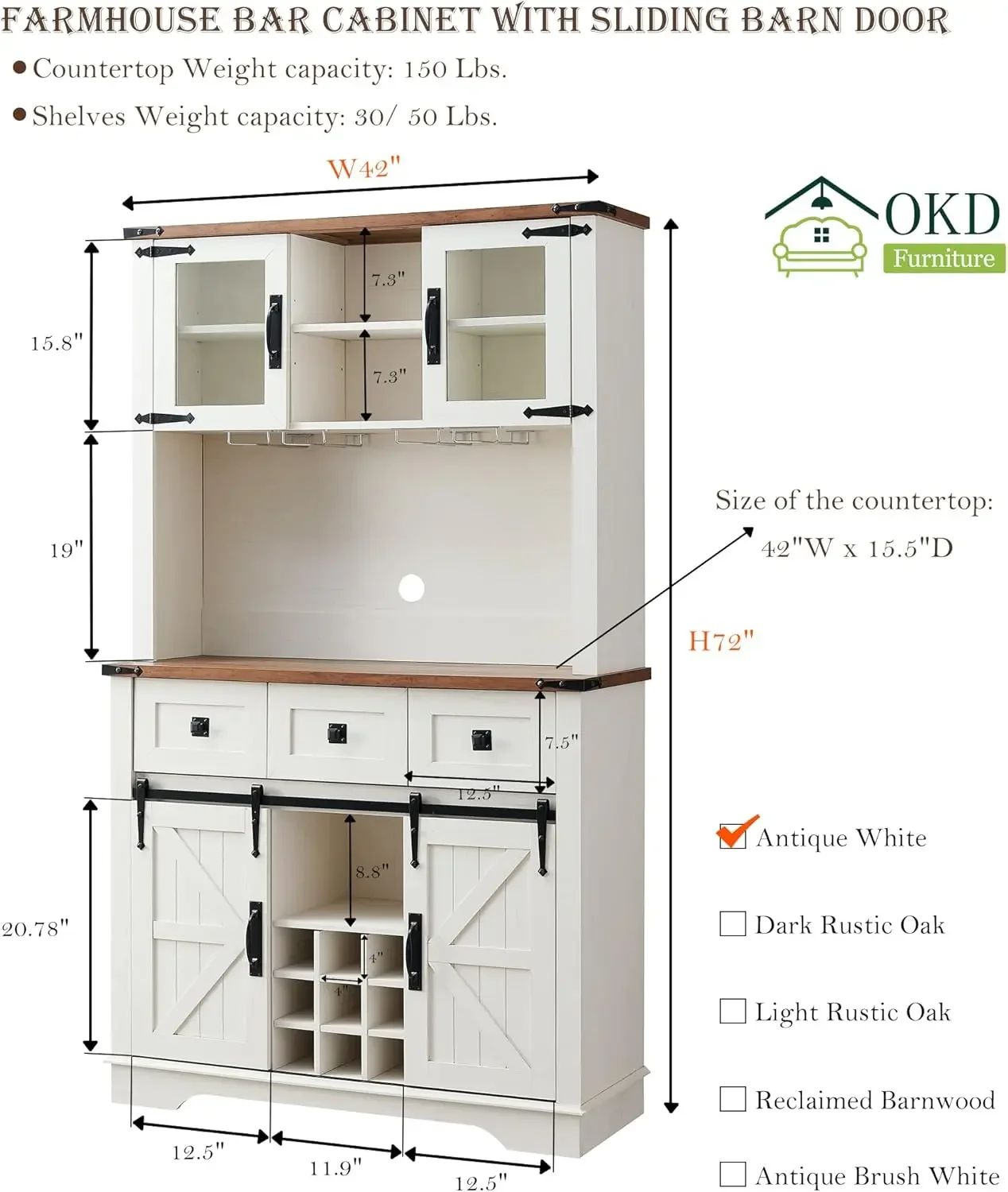 OKD-Armoire de bar avec porte de grange market, grande planche de cuisine avec clapier avec vin et verres T1, 3 portes de proximité, 72 po