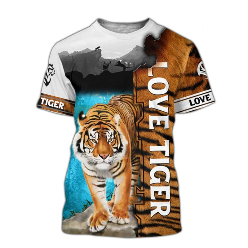 Tiger 3D Harajuku Print Summer Fashion Popular Casual Men\'s Street Hip-Hop Crewneck Short Sleeve T-shirt Oversized Loose Top New