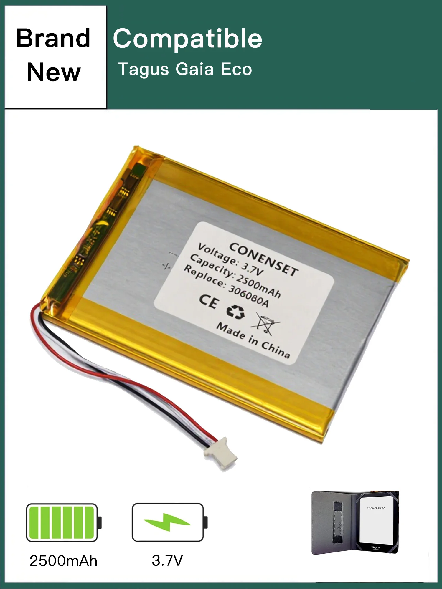 Akumulator Lipo 306080 o pojemności 2500mAh z 3-pinowym złączem do PSP, DVR, DVD, GPS, powerbanku, e-booka, Tagus Gaia Eco