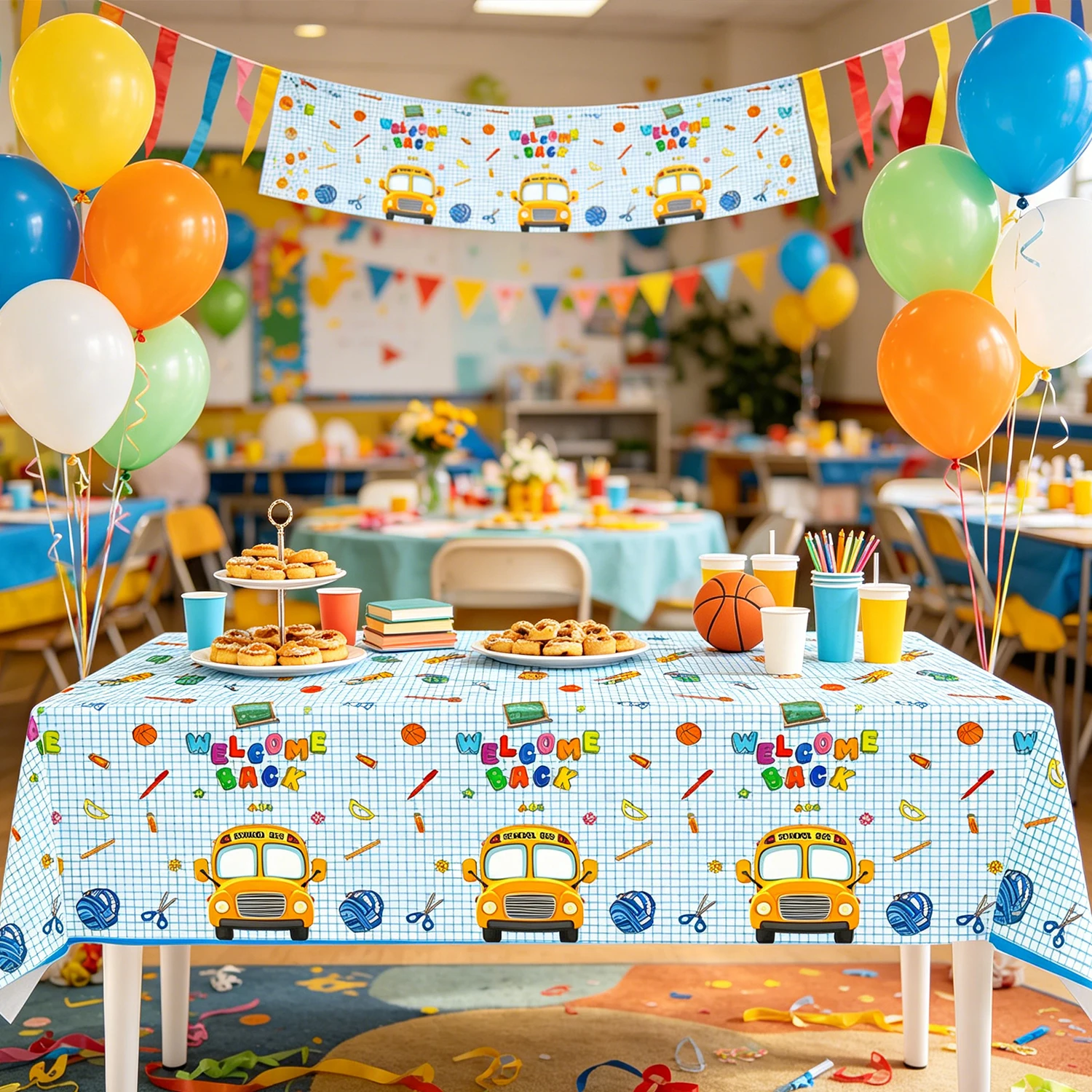 Welcome Back to School Disposable Plastic Tablecloth, Lined Notebook Grid School Bus Pattern Rectangular Table Cover, First Day