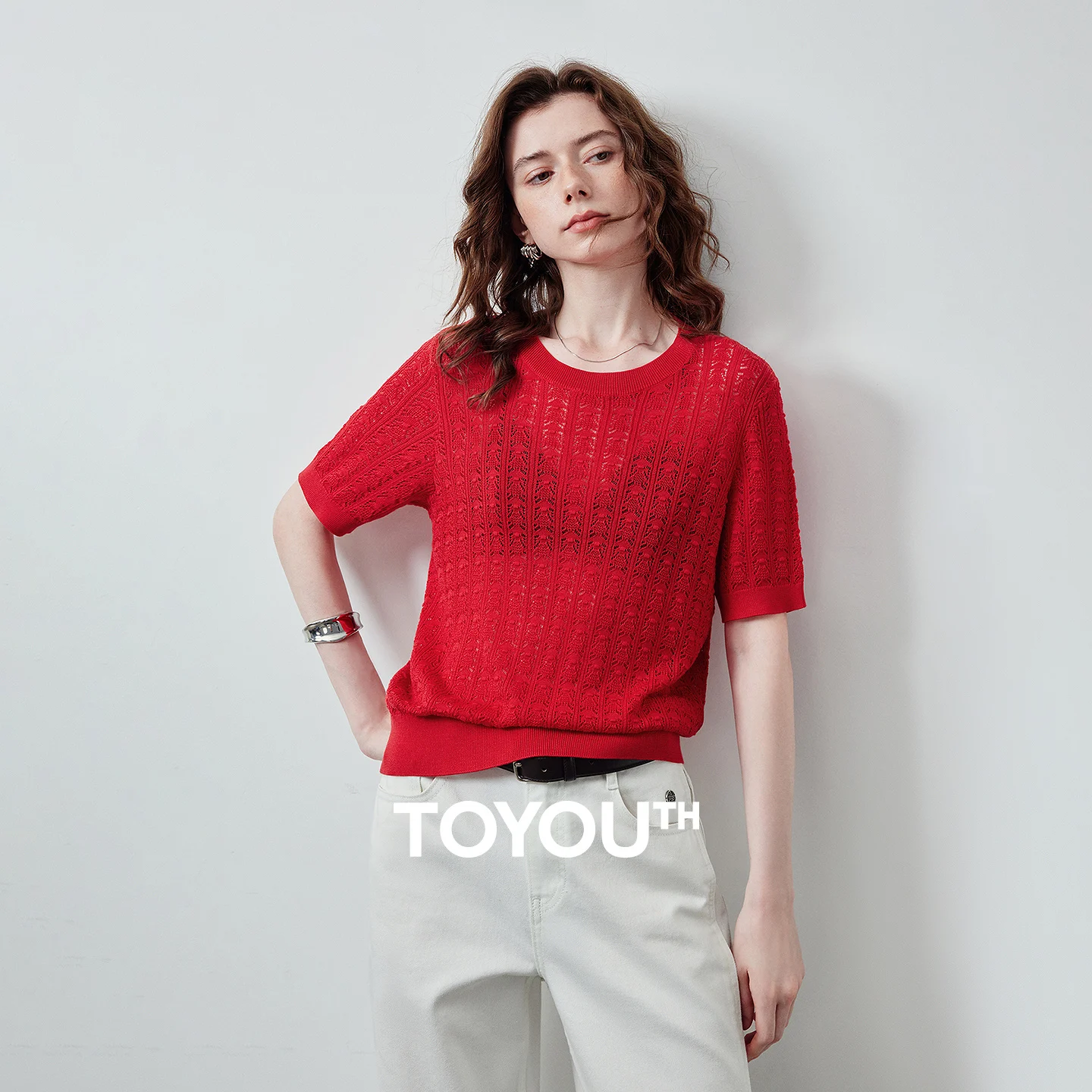 TOYOUTH Women Lyocell Knit Short Sleeve Knitwear 2026 Summer New Red Crew Neck Hollow Cable Knit Pullover Tops