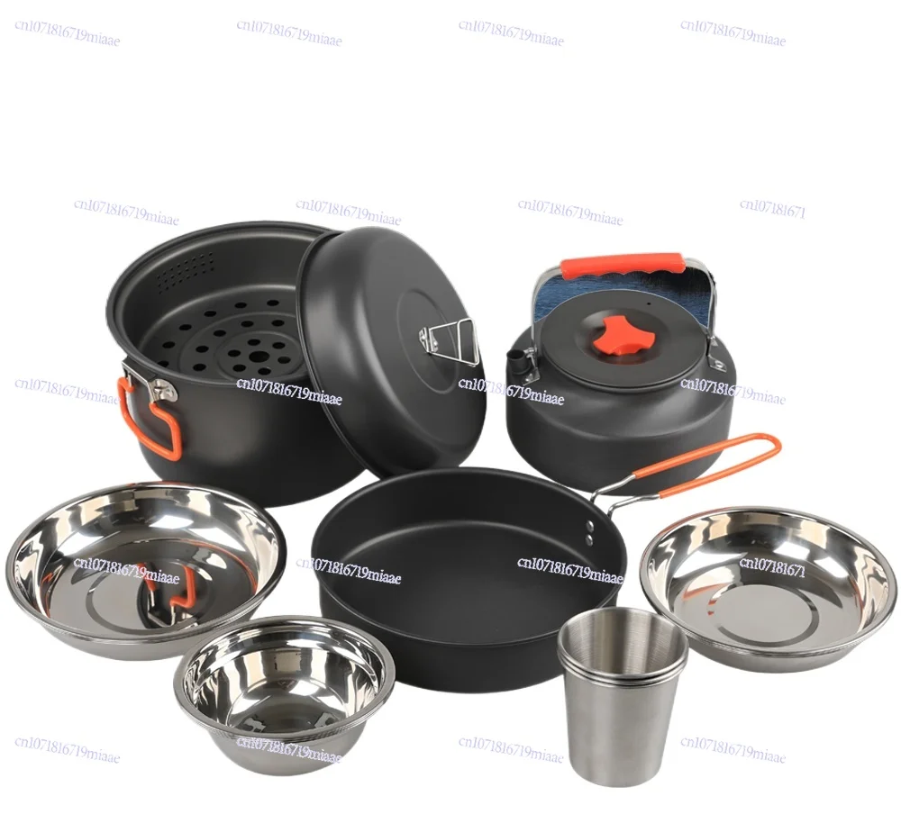 

Outdoor Camping Set Pot Binaural Steamer Plus 1.6L Kettle Frying Pan Stainless Steel Plate Water Cup Bowl Combination