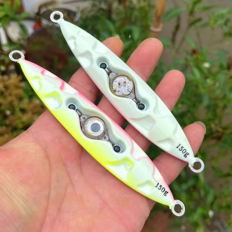 

2 шт., 100 г-250 г, металлические приманки для джиггинга, длительный свинец, 3D рыбий глаз со светодиодной электронной подсветкой, светящаяся приманка, приманки для морской лодки, рыболовные приманки