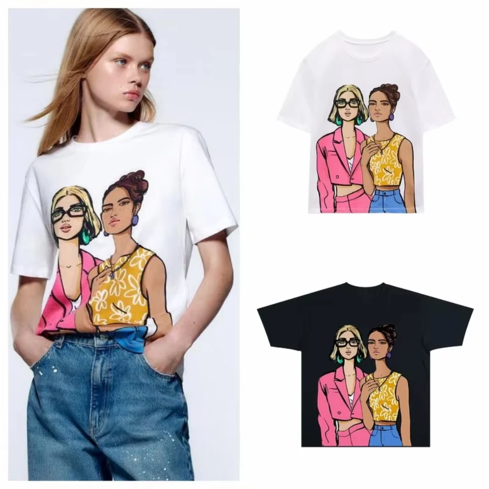 

Европейские и американские модные футболки из чистого хлопка с принтом для девочек, женская повседневная свободная и универсальная приятная для кожи одежда