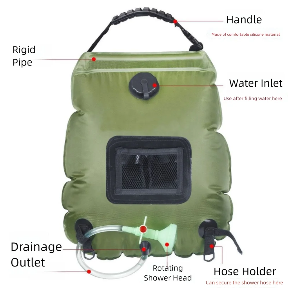 حقيبة استحمام تعمل بالطاقة الشمسية قابلة للطي لتخزين المياه أكياس استحمام خارجية محمولة مفتاح تشغيل وإيقاف 20 لتر أكياس دش المياه