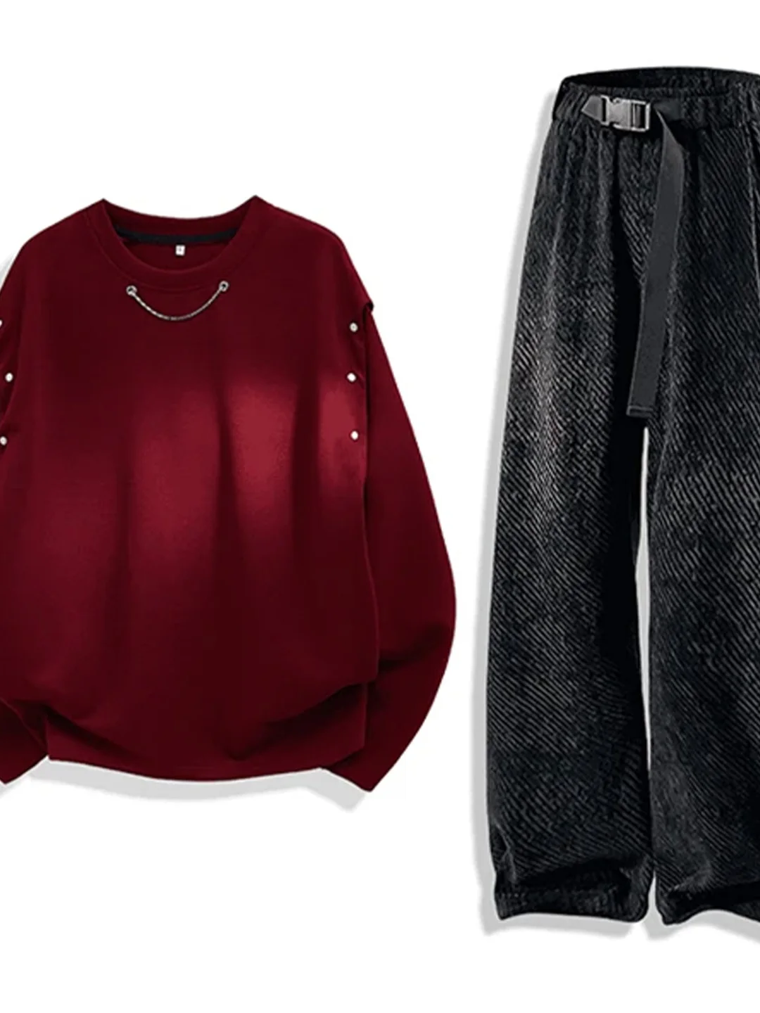 

Мужской комплект: съемный свитшот с круглым вырезом и свободные прямые брюки из шенилла. Модный молодежный осенний комплект из двух предметов.