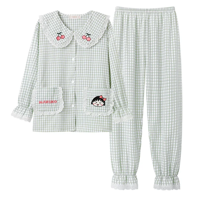 

Kawaii Women Pajamas Set 2 Pieces Long Sleeve Sleepwear Mori Girls Loungewear Plaid Home Clothes Nightgown Suits 4XL Homewear