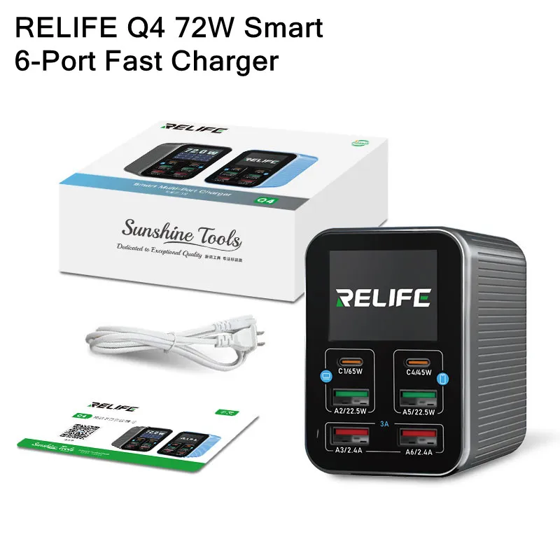 

RELIFE Q4 72W 6-port Fast Charging Station for Mobile Phone Tablet Dual PD QC Intelligent Portable Smart Sleep Mode Charger