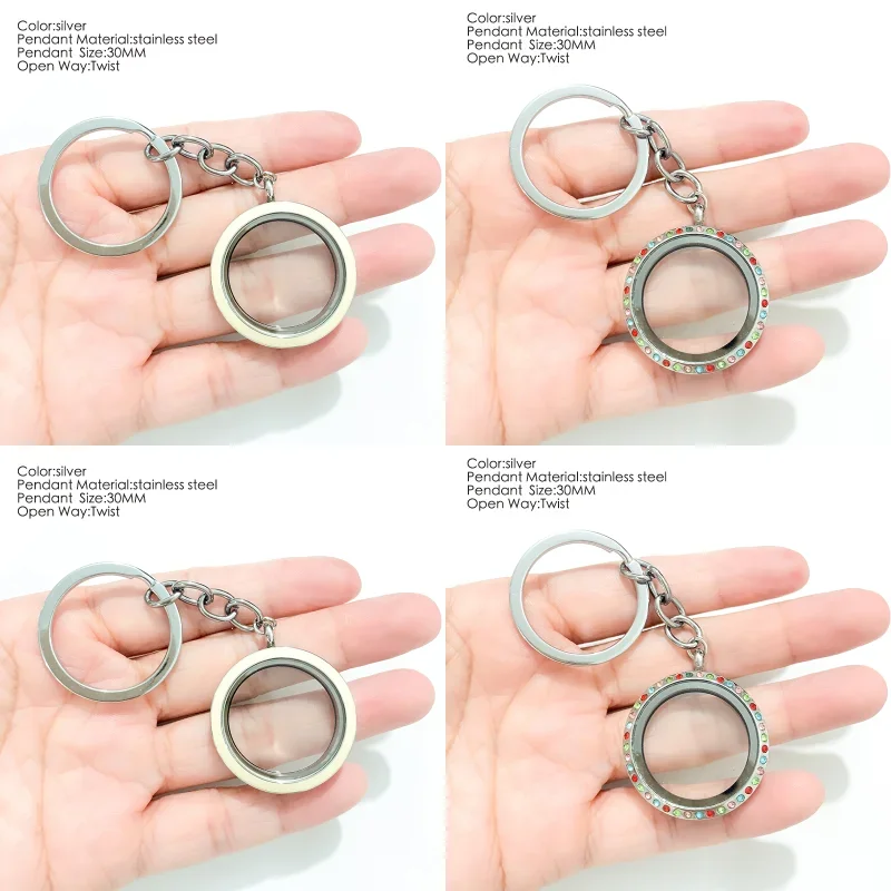 30MM Stainless Steel Screw Glass Floating Locket Pendant Keychains Crystal Memory Lockets Key Chain for Christmas Gift