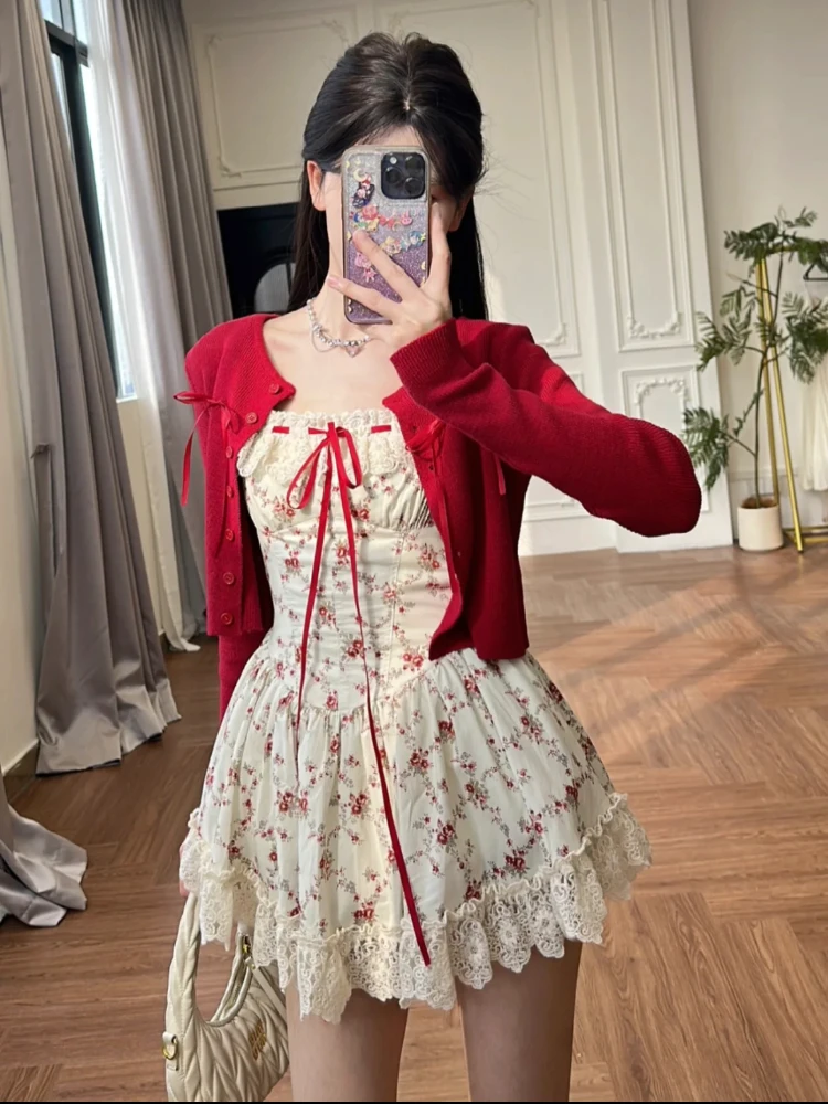 2024 Spring Sweet Cottagecore New 2 Piece Set Women Red Knitted Cardigan +Cute Mini Dress Female Bow Retro Casual Floral Clothes