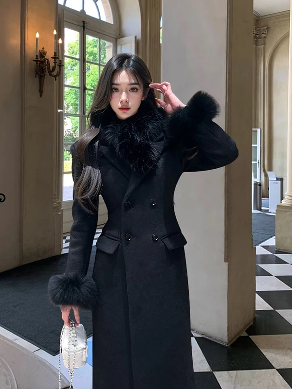 

Ele Long Woolen Coat for Women in Bla Splicing Design Korean Sle Thiened Winter Outerwear Straight Cut Button Detail